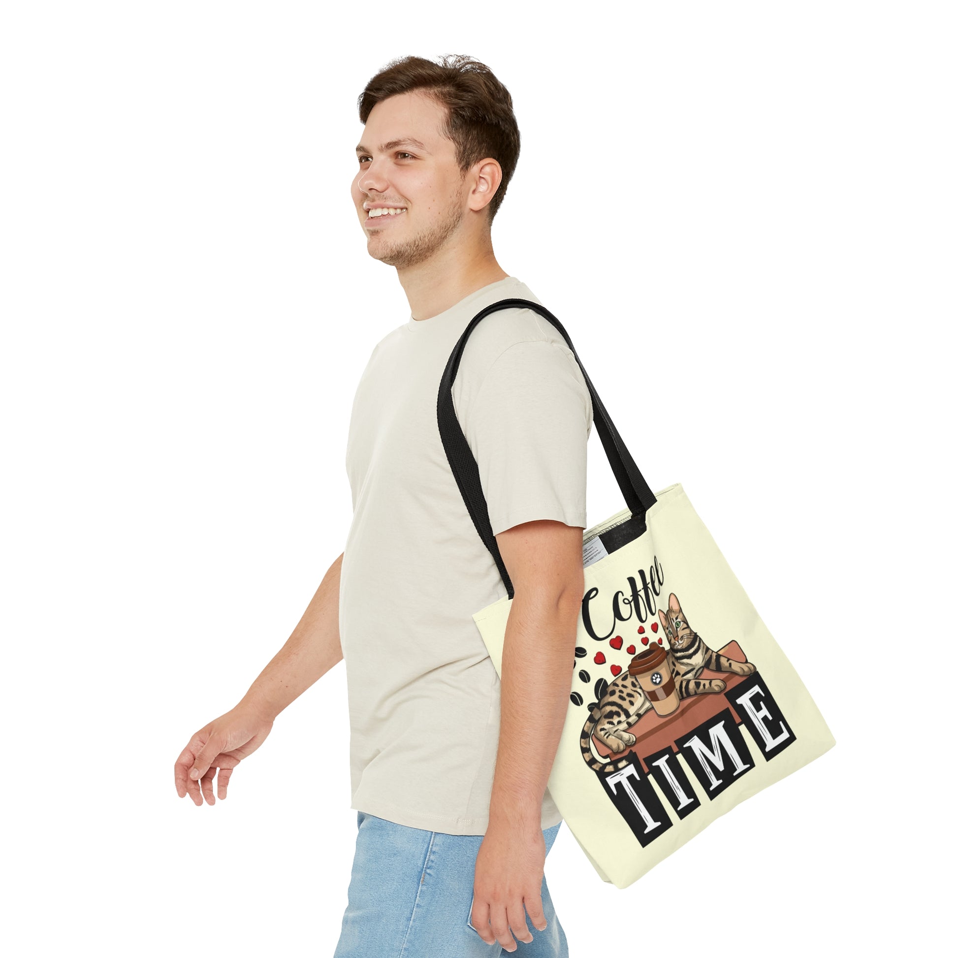 Bengal Cat Themed Cream Tote Bag With "Coffee Time" Text, Coffee Beans And Love Hearts And Bengal Cat Graphic.