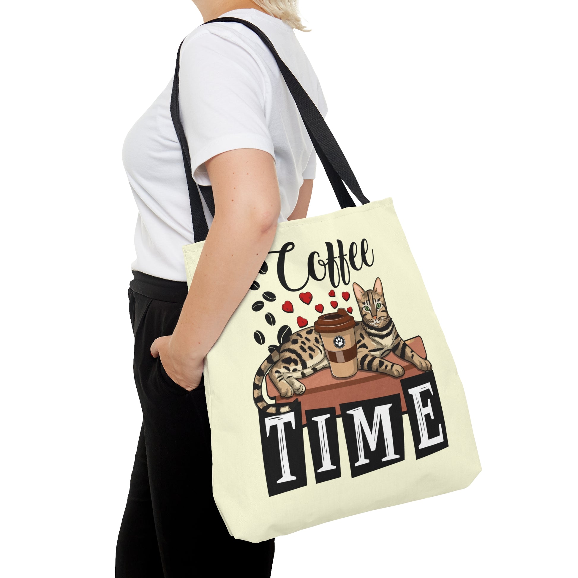 Bengal Cat Themed Cream Tote Bag With "Coffee Time" Text, Coffee Beans And Love Hearts And Bengal Cat Graphic.