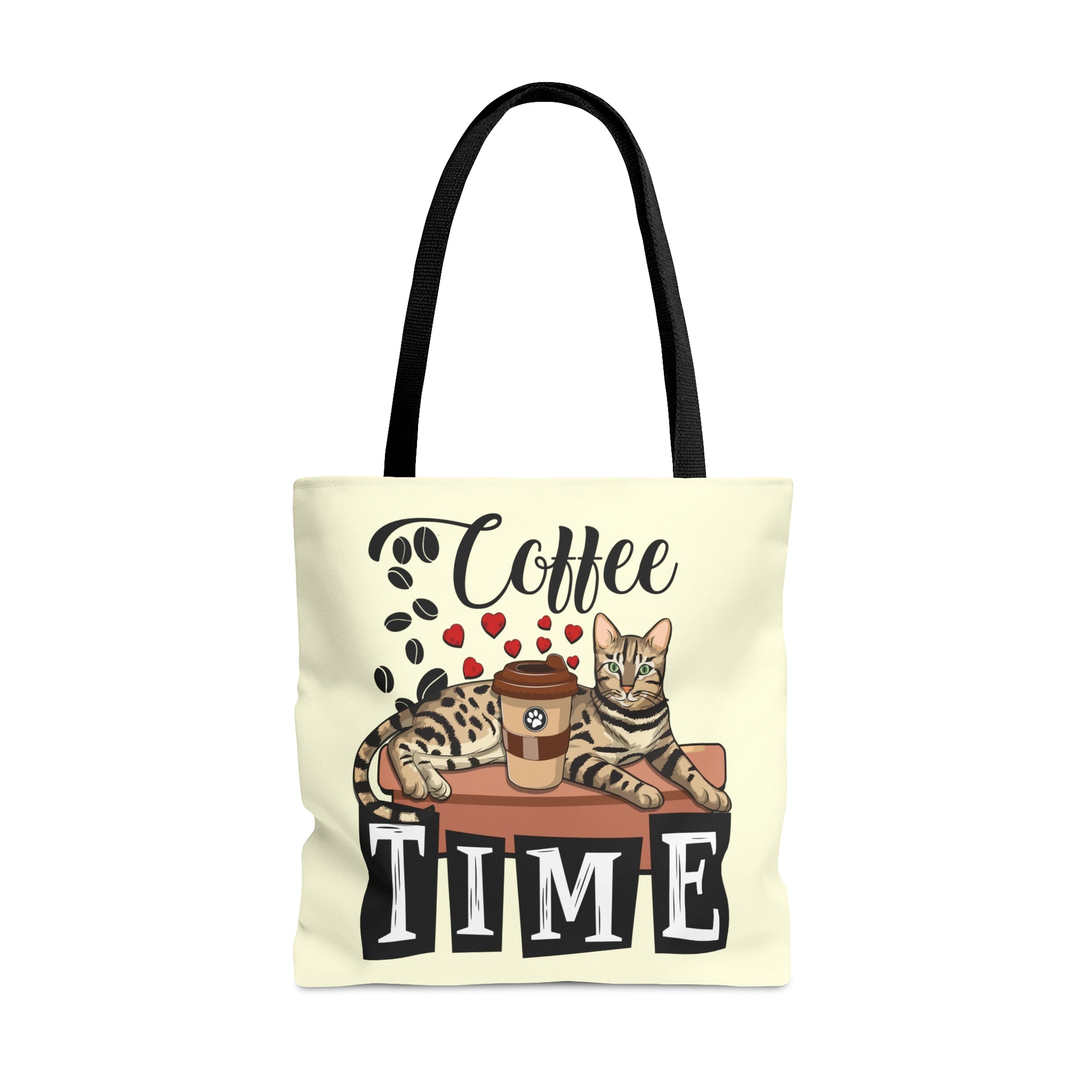 Bengal Cat Themed Cream Tote Bag With "Coffee Time" Text, Coffee Beans And Love Hearts And Bengal Cat Graphic.