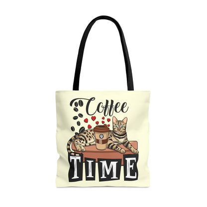Bengal Cat Themed Cream Tote Bag With "Coffee Time" Text, Coffee Beans And Love Hearts And Bengal Cat Graphic.