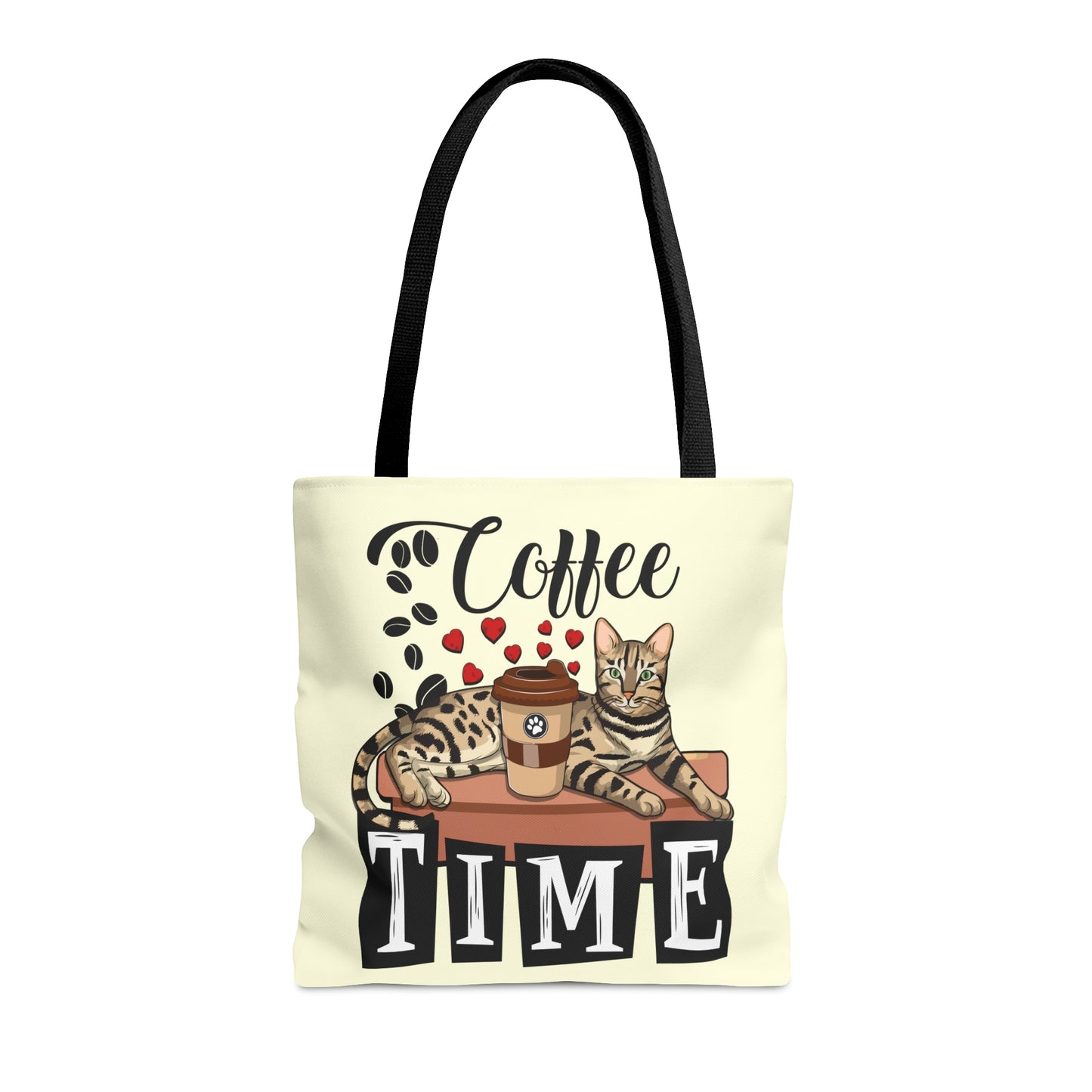 Bengal Cat Themed Cream Tote Bag With "Coffee Time" Text, Coffee Beans And Love Hearts And Bengal Cat Graphic.