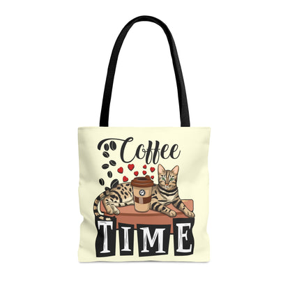 Bengal Cat Themed Cream Tote Bag With "Coffee Time" Text, Coffee Beans And Love Hearts And Bengal Cat Graphic.