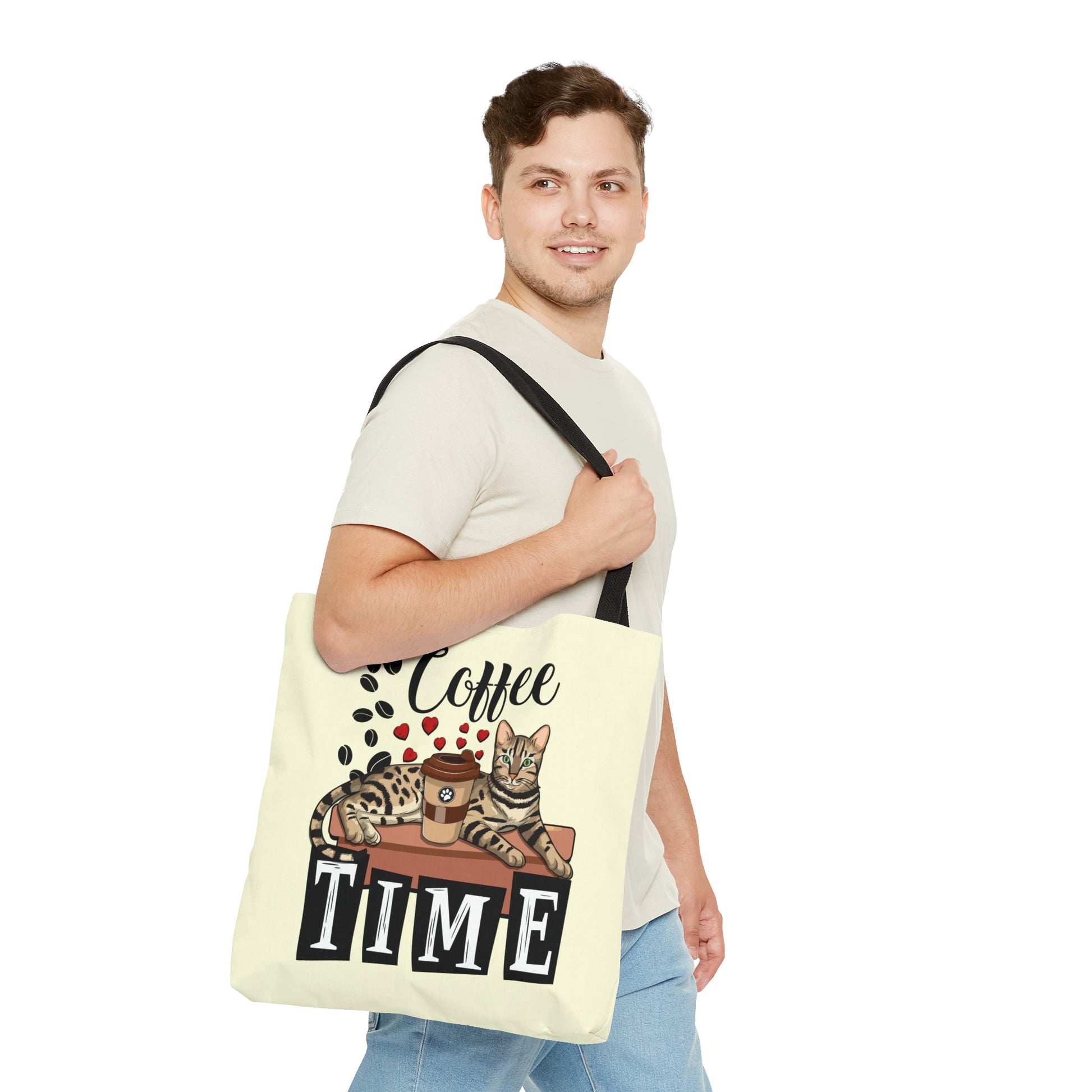 Bengal Cat Themed Cream Tote Bag With "Coffee Time" Text, Coffee Beans And Love Hearts And Bengal Cat Graphic.