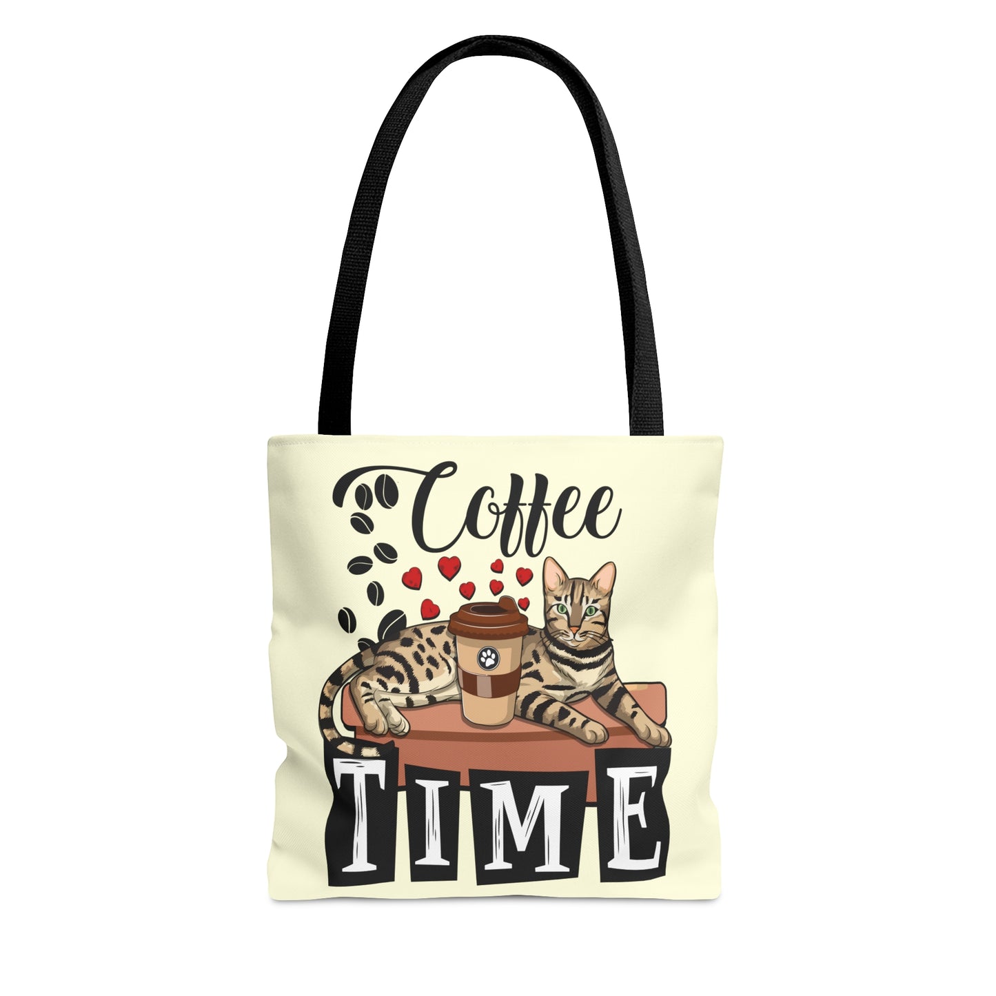 Bengal Cat Themed Cream Tote Bag With "Coffee Time" Text, Coffee Beans And Love Hearts And Bengal Cat Graphic.