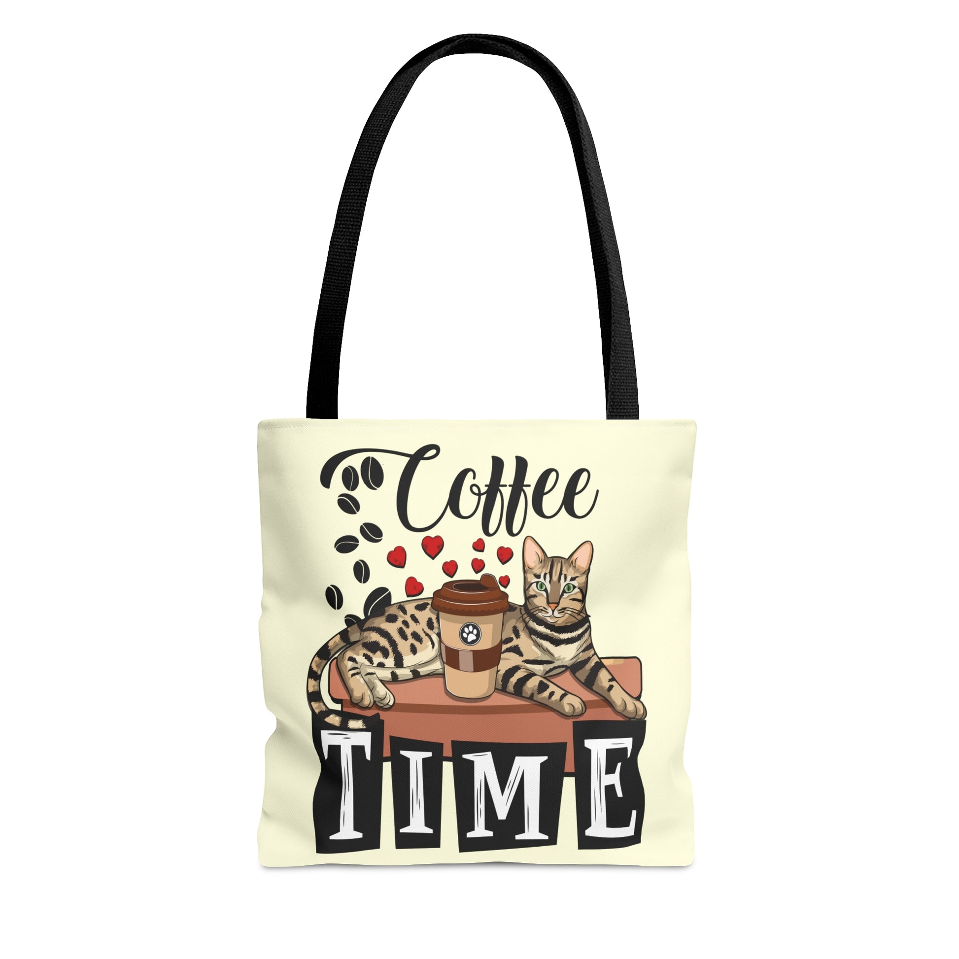 Bengal Cat Themed Cream Tote Bag With "Coffee Time" Text, Coffee Beans And Love Hearts And Bengal Cat Graphic.