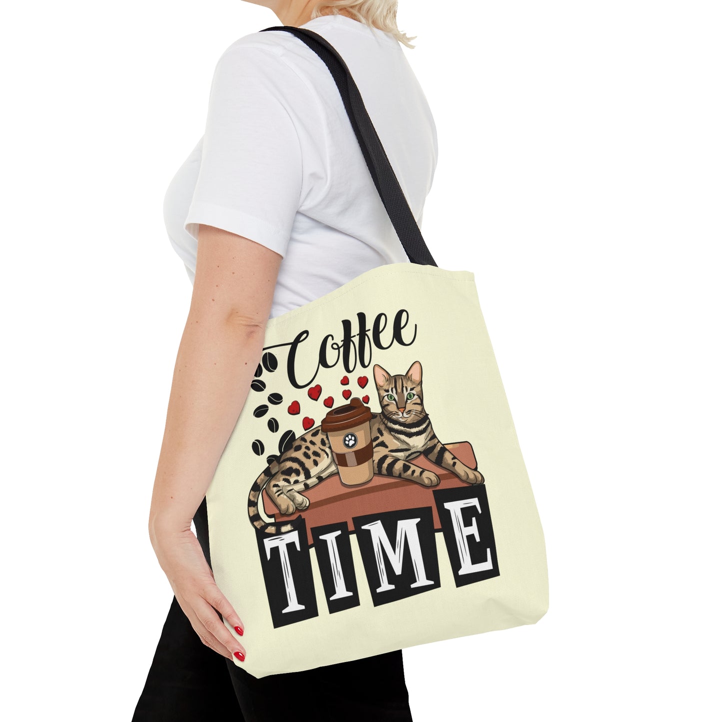 Bengal Cat Themed Cream Tote Bag With "Coffee Time" Text, Coffee Beans And Love Hearts And Bengal Cat Graphic.