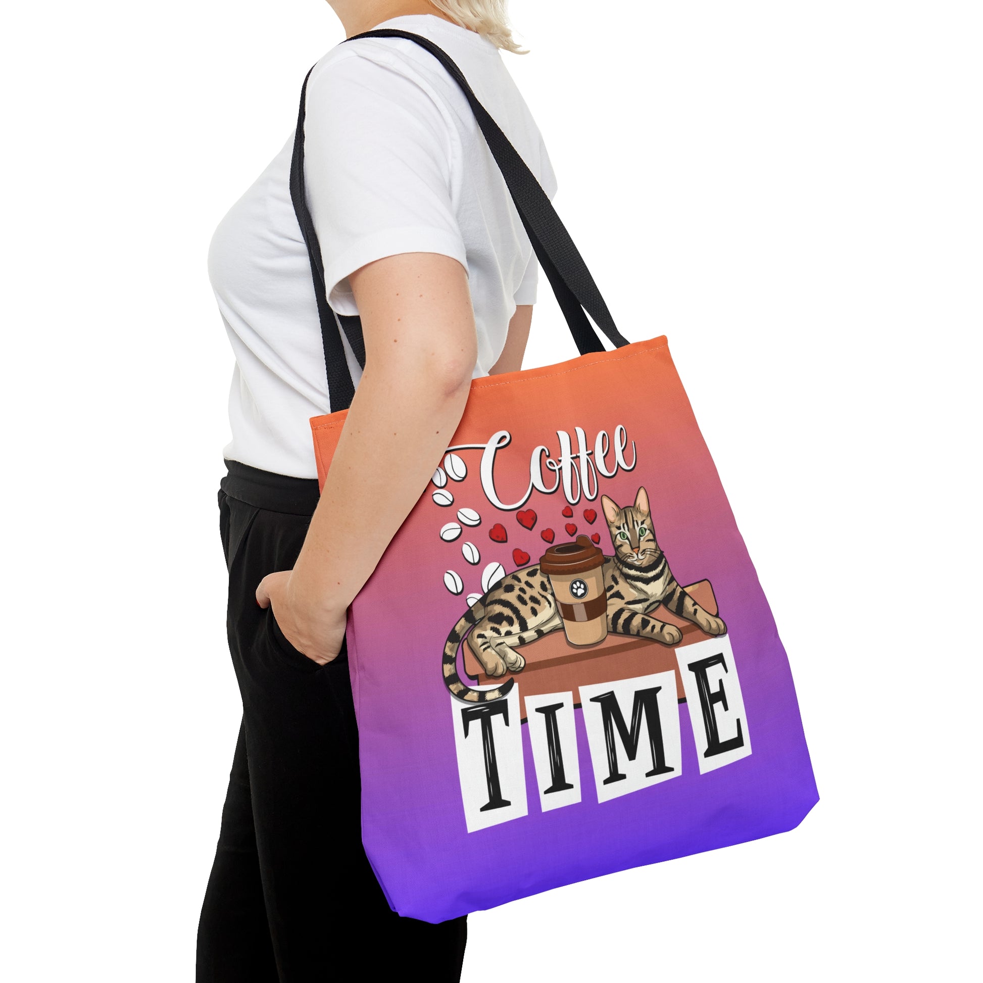 Bengal Cat Themed Purple & Orange Colored Tote Bag With The Text " Coffee Time", And Graphic Of A Bengal Cat, Coffee Beans And Love Hearts.
