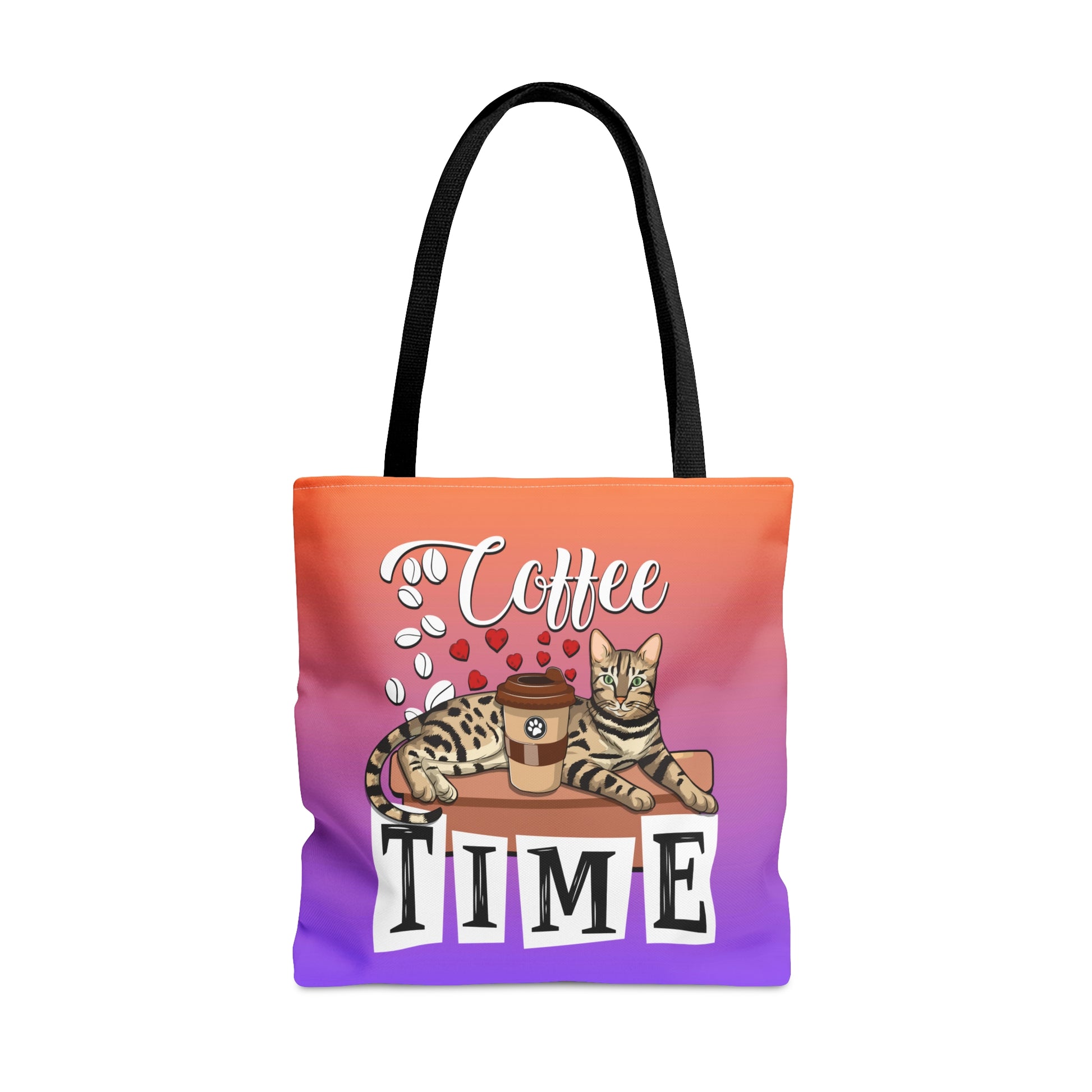Bengal Cat Themed Purple & Orange Colored Tote Bag With The Text " Coffee Time", And Graphic Of A Bengal Cat, Coffee Beans And Love Hearts.