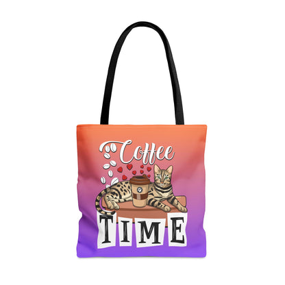 Bengal Cat Themed Purple & Orange Colored Tote Bag With The Text " Coffee Time", And Graphic Of A Bengal Cat, Coffee Beans And Love Hearts.