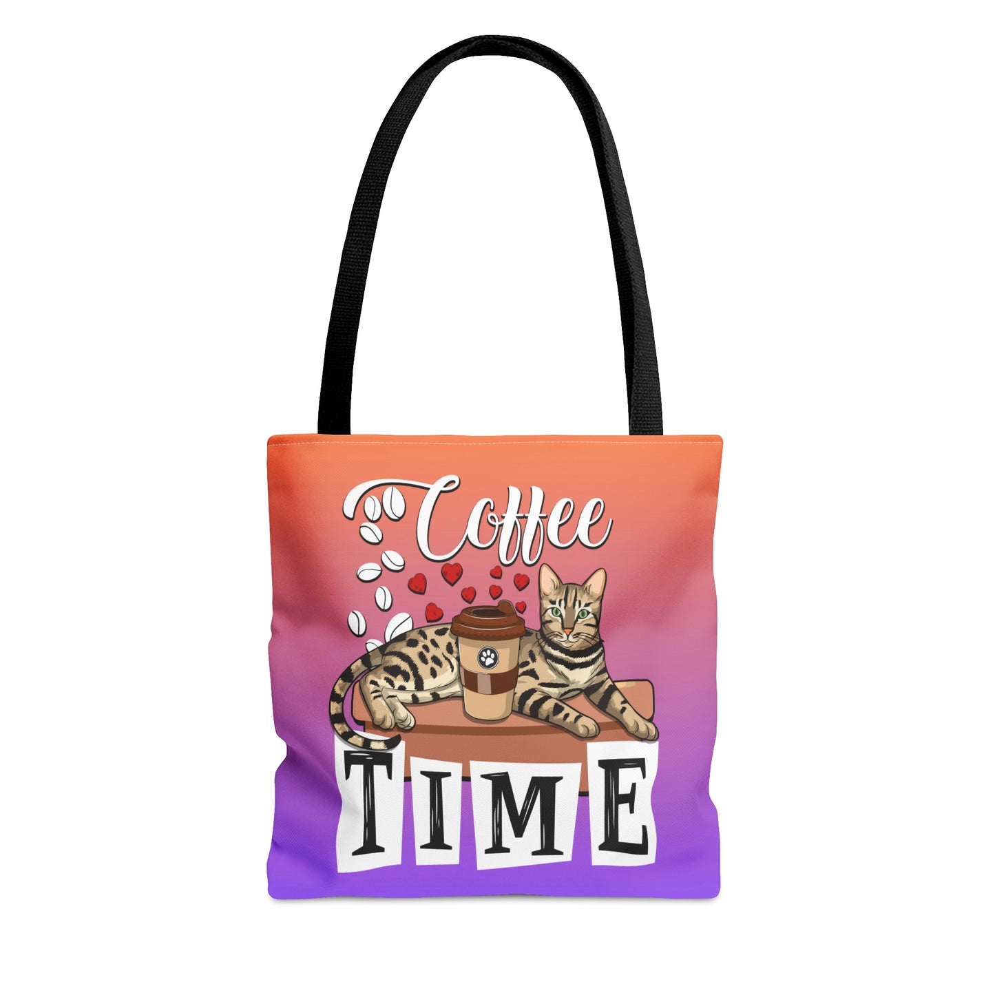 Bengal Cat Themed Purple & Orange Colored Tote Bag With The Text " Coffee Time", And Graphic Of A Bengal Cat, Coffee Beans And Love Hearts.