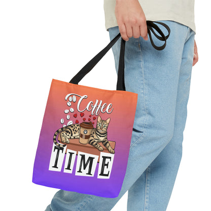 Bengal Cat Themed Purple & Orange Colored Tote Bag With The Text " Coffee Time", And Graphic Of A Bengal Cat, Coffee Beans And Love Hearts.
