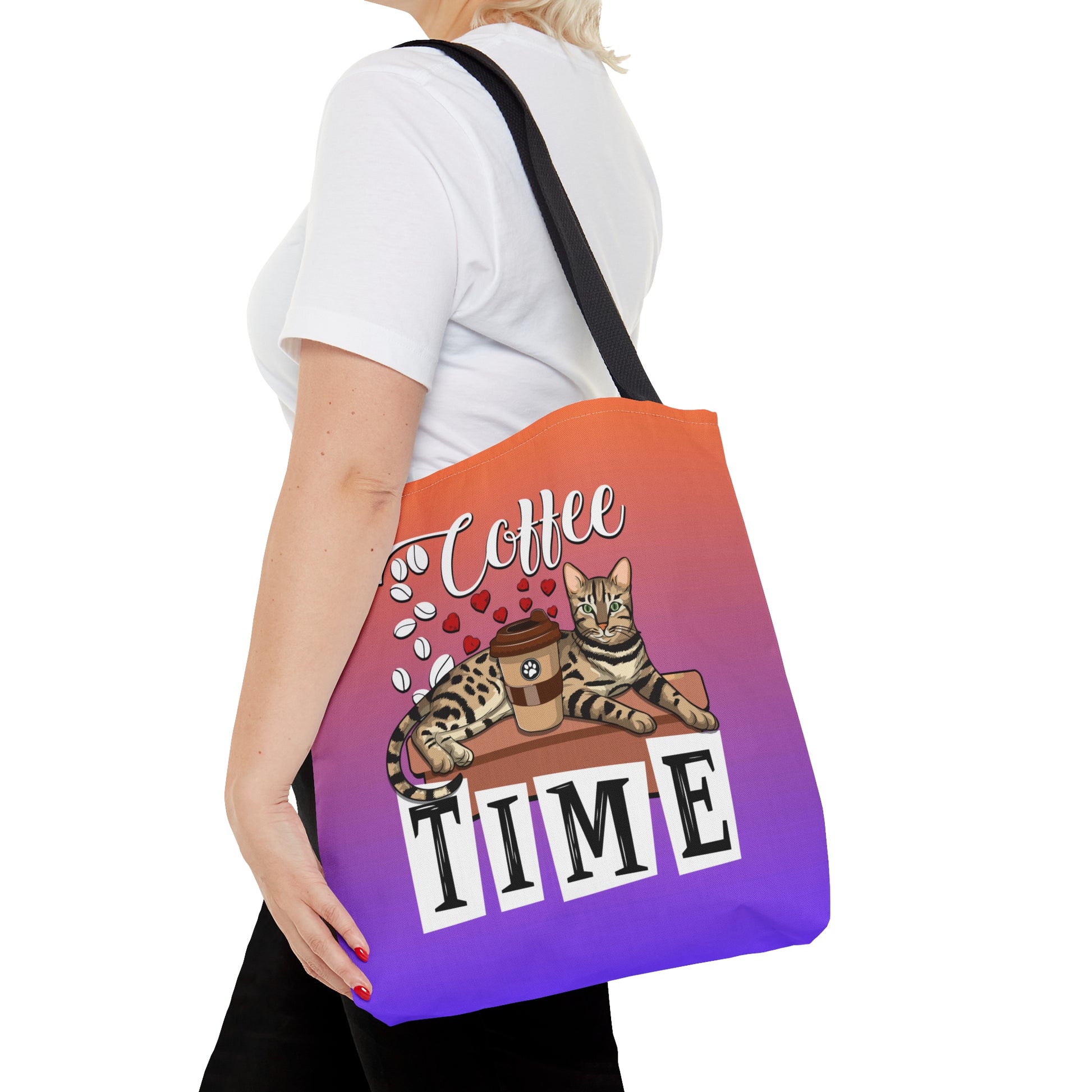 Bengal Cat Themed Purple & Orange Colored Tote Bag With The Text " Coffee Time", And Graphic Of A Bengal Cat, Coffee Beans And Love Hearts.