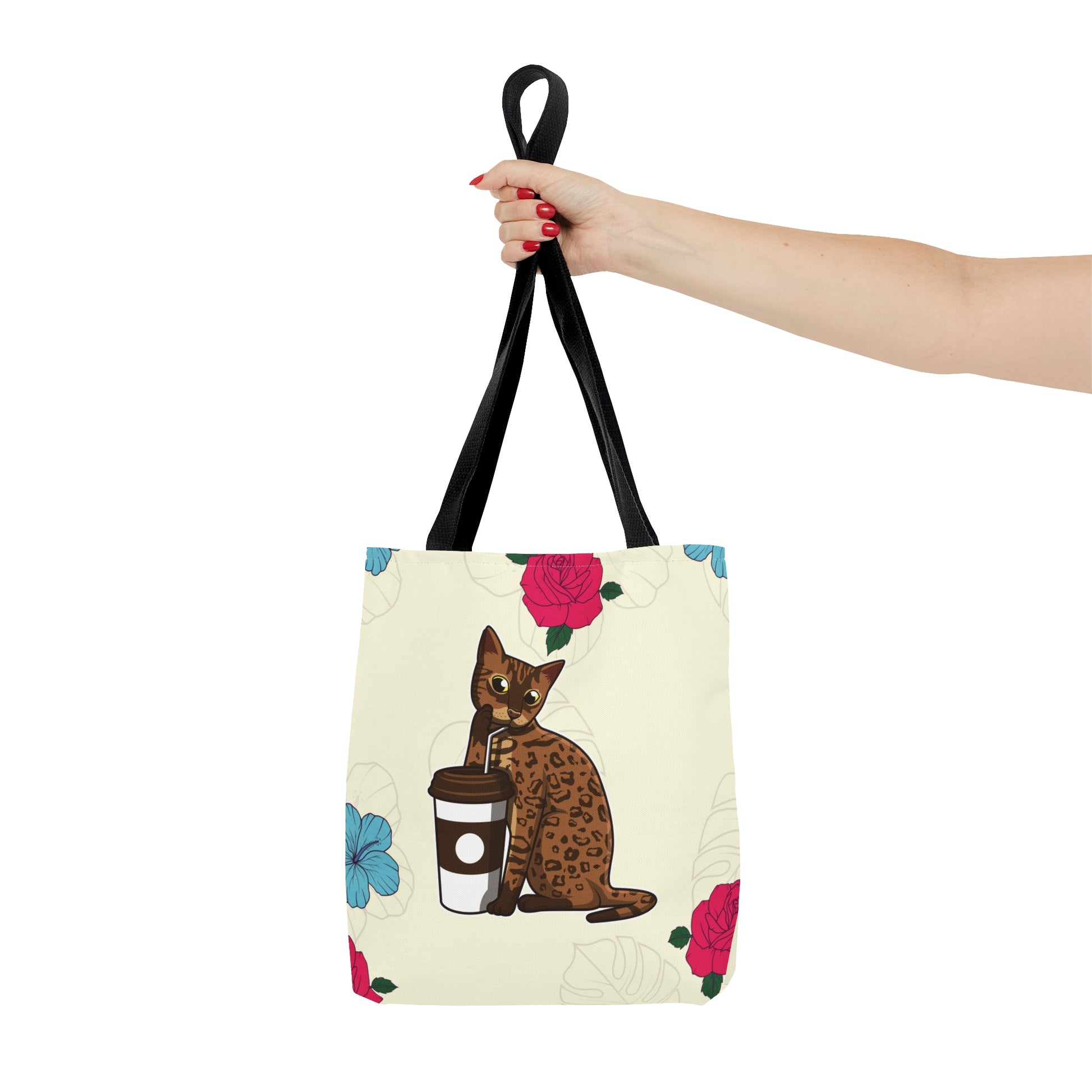 Cream Tote Bag Of A Cartoon Bengal Cat Drinking Through A Straw And Flowers Design