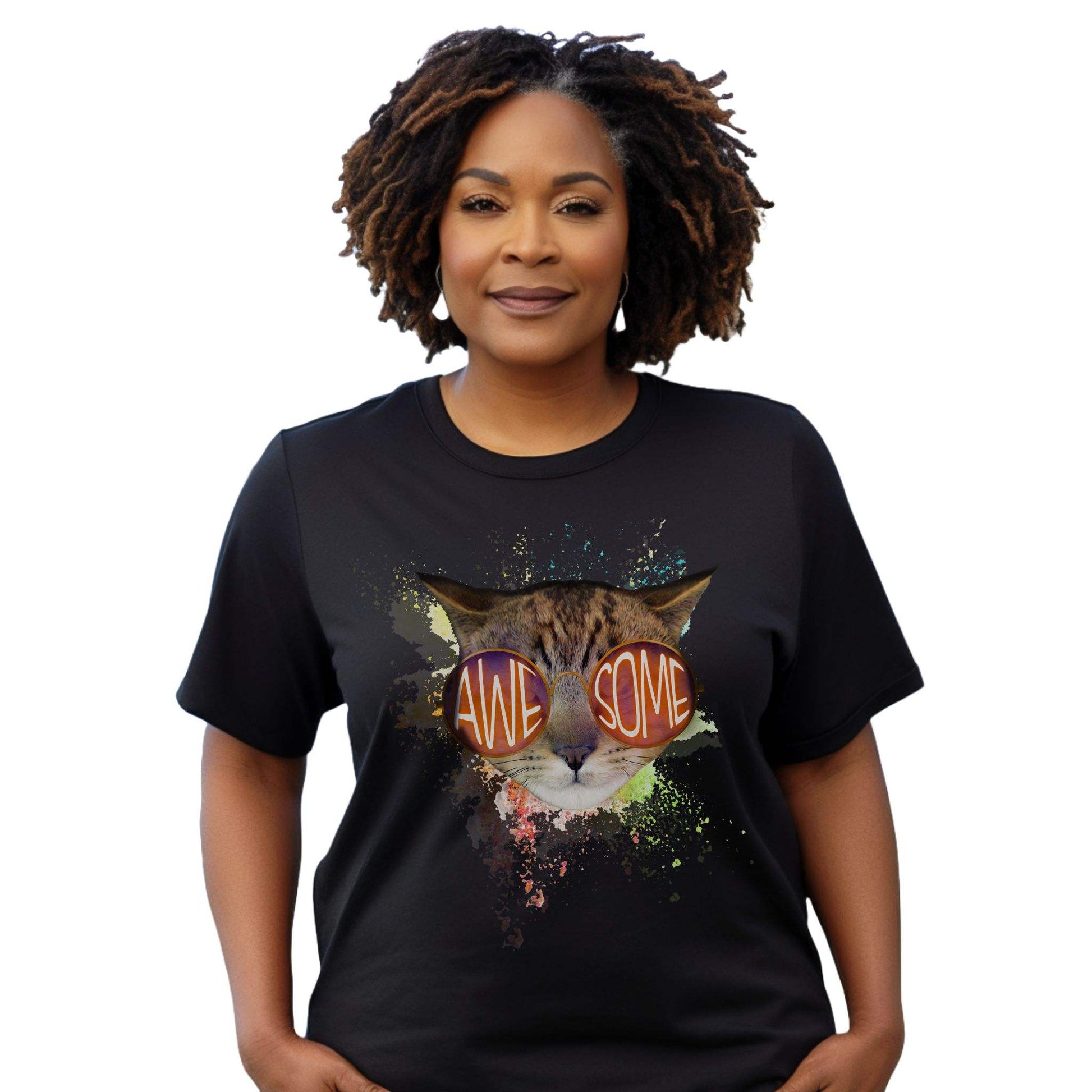 Black Awesome Cat T-Shirt Crew Neck Unisex