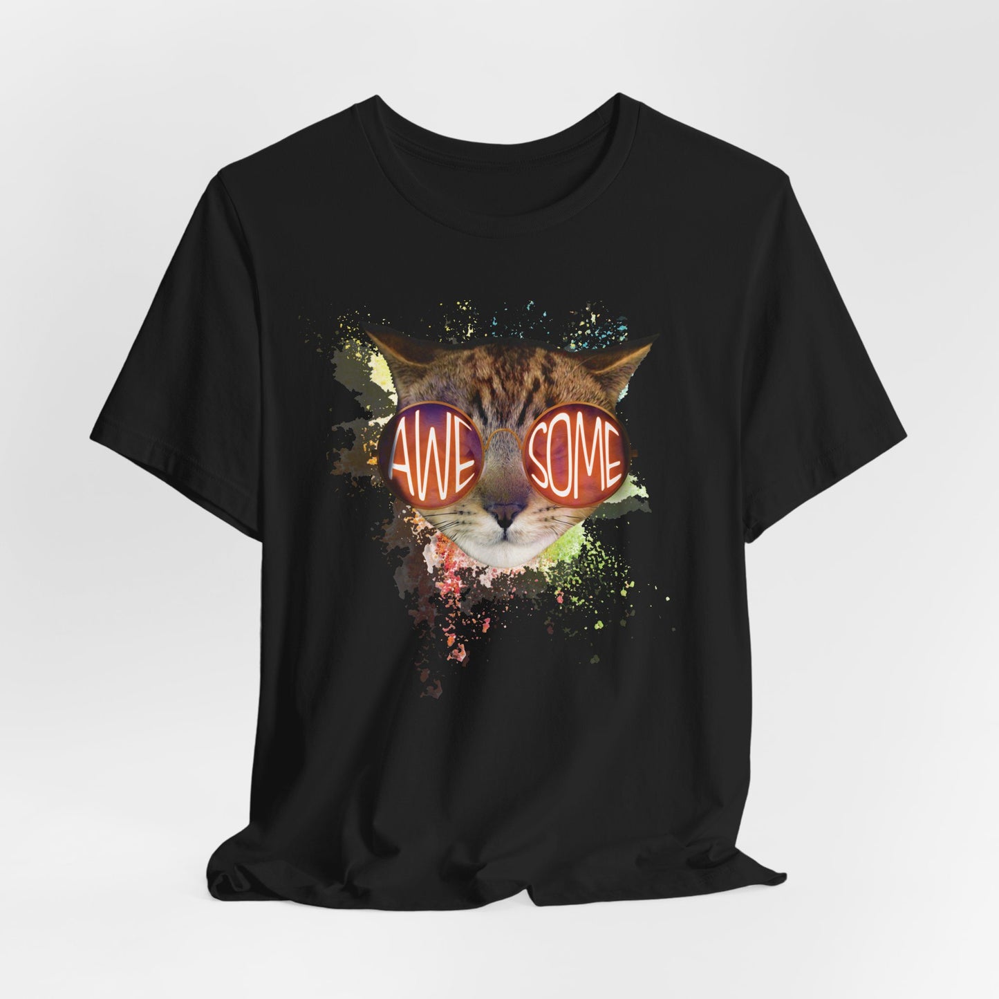 Black Awesome Cat T-Shirt Crew Neck Unisex