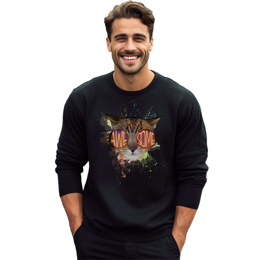 Black Awesome Crewneck Unisex Sweatshirt Cat Theme