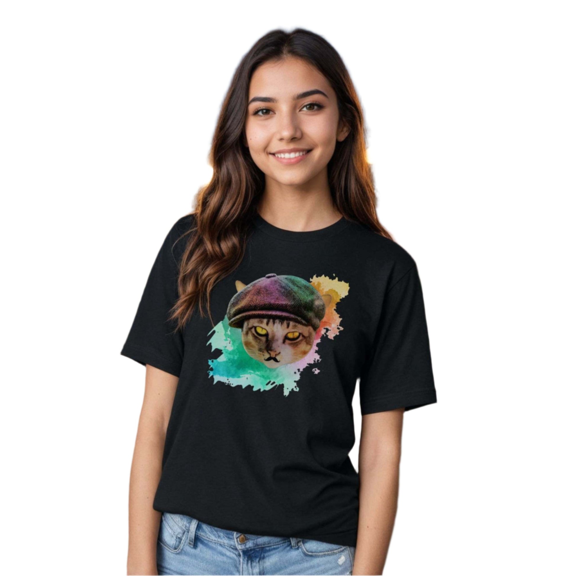 Black Baker Boy Cat T-Shirt Unisex Crew Neck