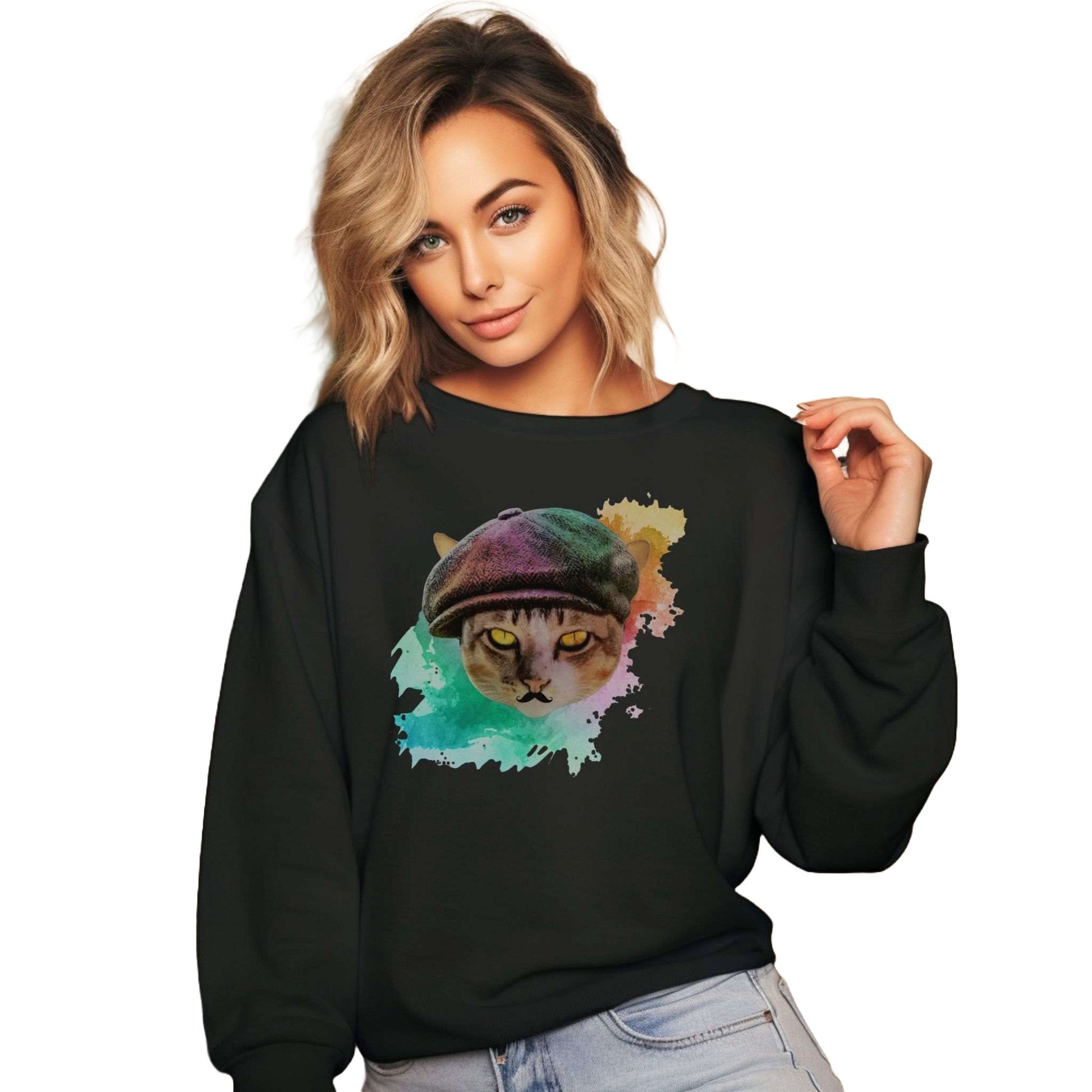 Black Baker Boy Cat Themed Crewneck Unisex Sweatshirt