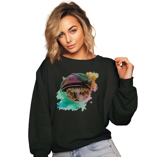 Black Baker Boy Cat Themed Crewneck Unisex Sweatshirt