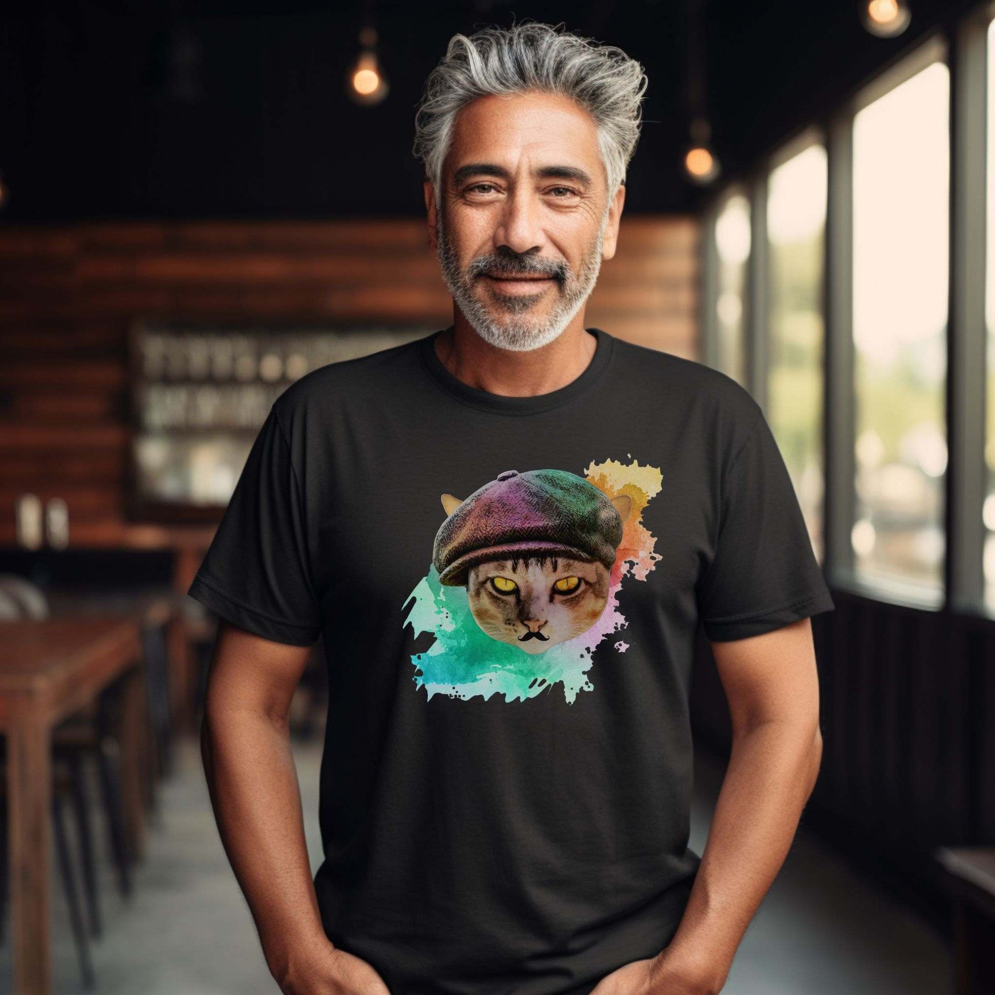 Black Baker Boy Cat T-Shirt Unisex Crew Neck