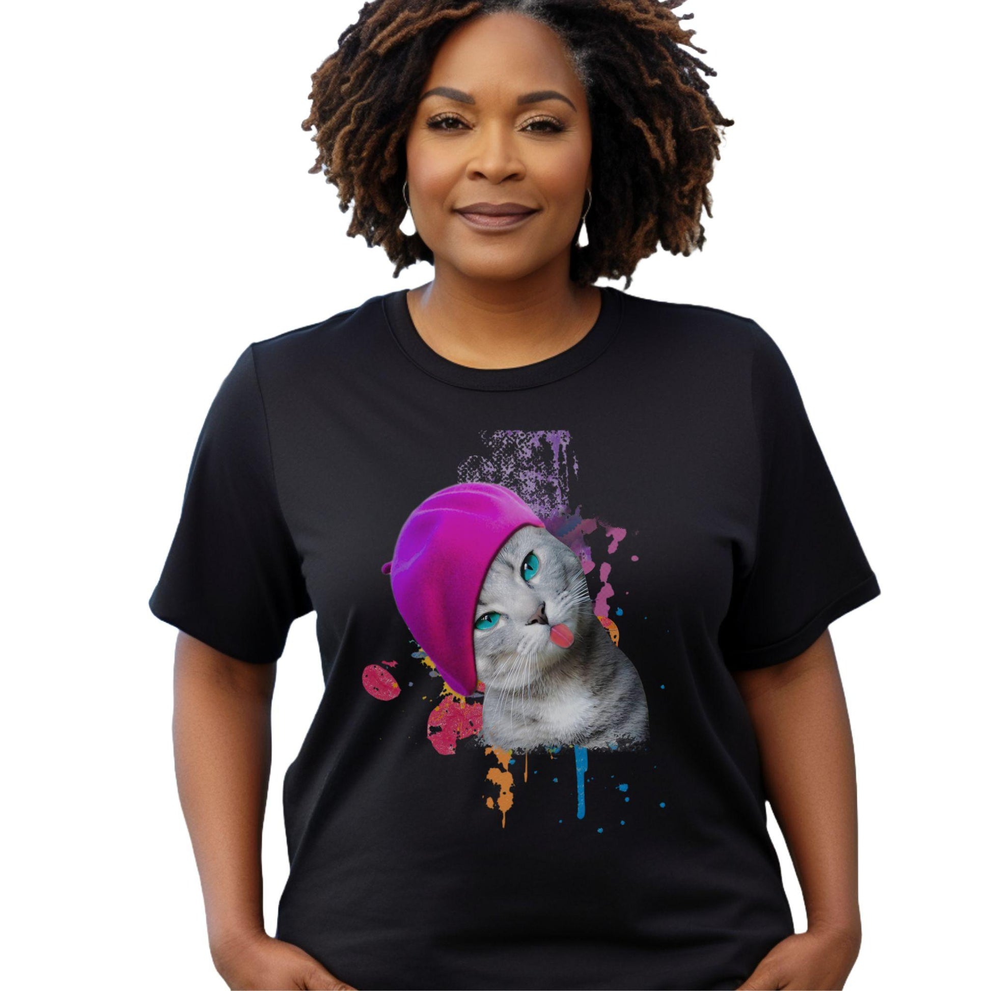 Black Beret Girl Cat T-Shirt Unisex Crew Neck
