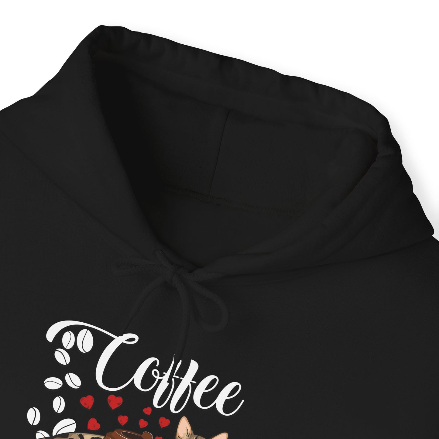 Black C☕ffee Beans & Love Hearts Cat Themed Hooded Sweatshirt Unisex