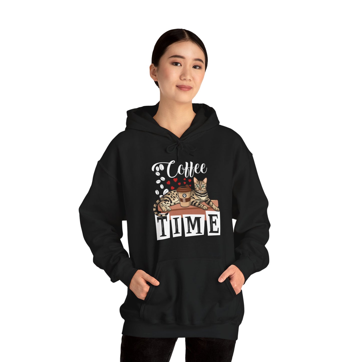 Black C☕ffee Beans & Love Hearts Cat Themed Hooded Sweatshirt Unisex