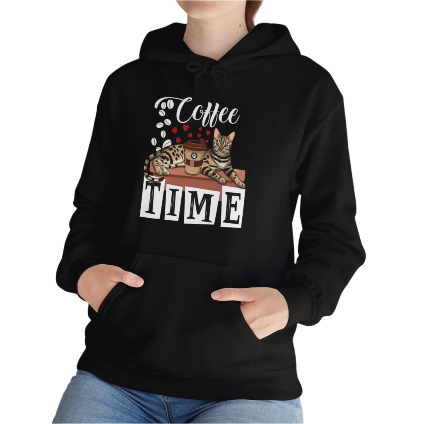 Black C☕ffee Beans & Love Hearts Cat Themed Hooded Sweatshirt Unisex