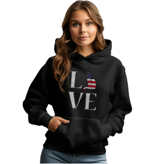 Black Cat Themed Love USA Hooded Sweatshirt Unisex