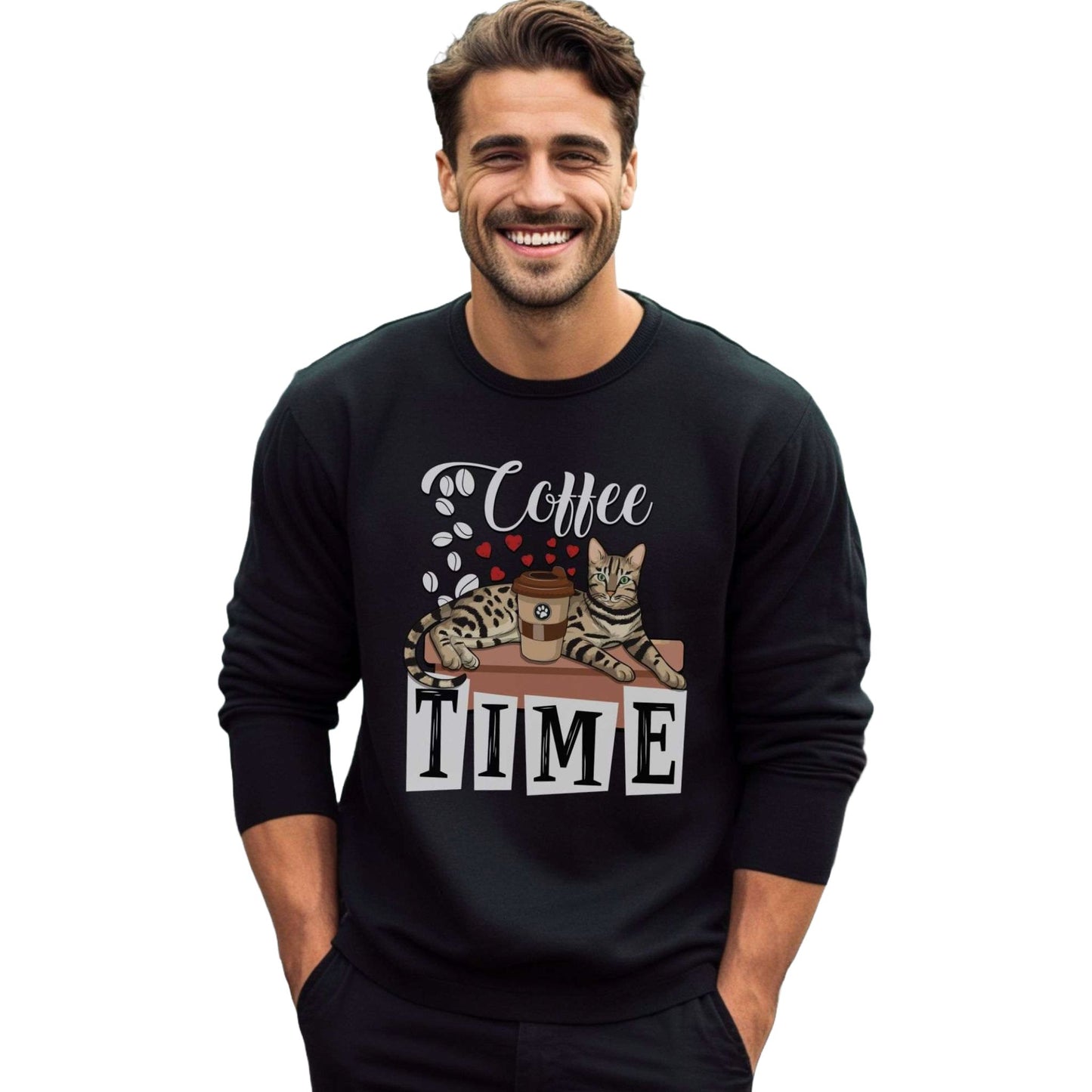 Black Coffee Beans & Love Hearts Bengal Cat Themed Unisex Sweatshirt
