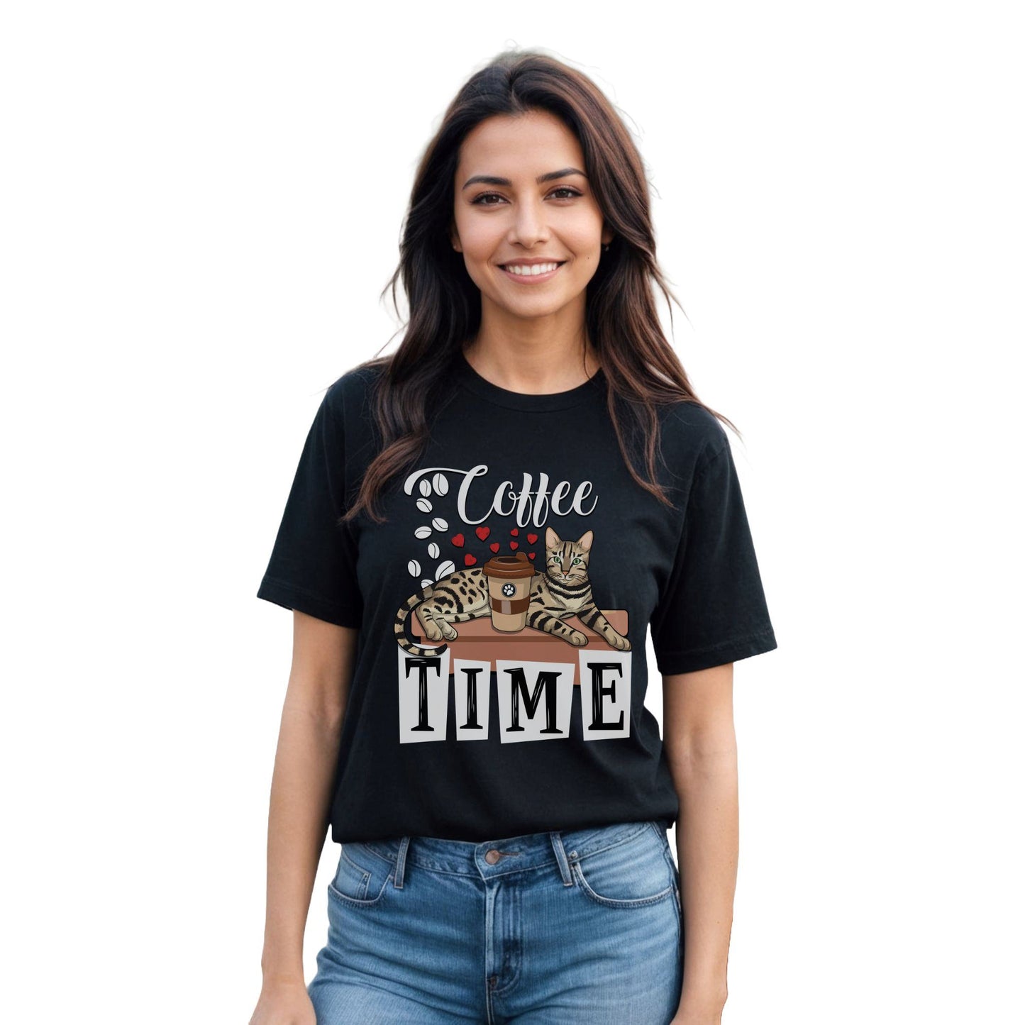 Black Coffee_Beans_Love_Hearts_T-Shirt_Unisex Bengal Cat