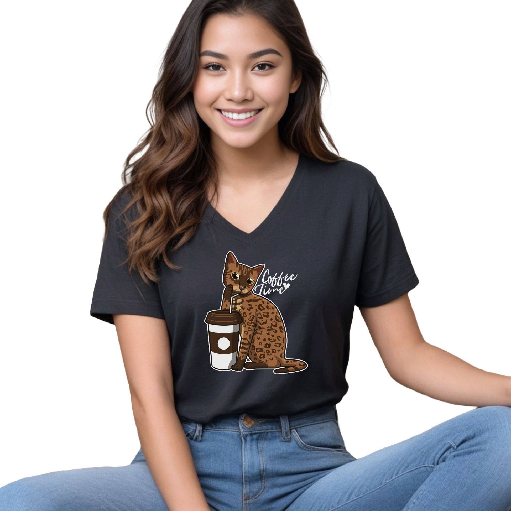Black Drinking Cat T-Shirt Unisex V-Neck