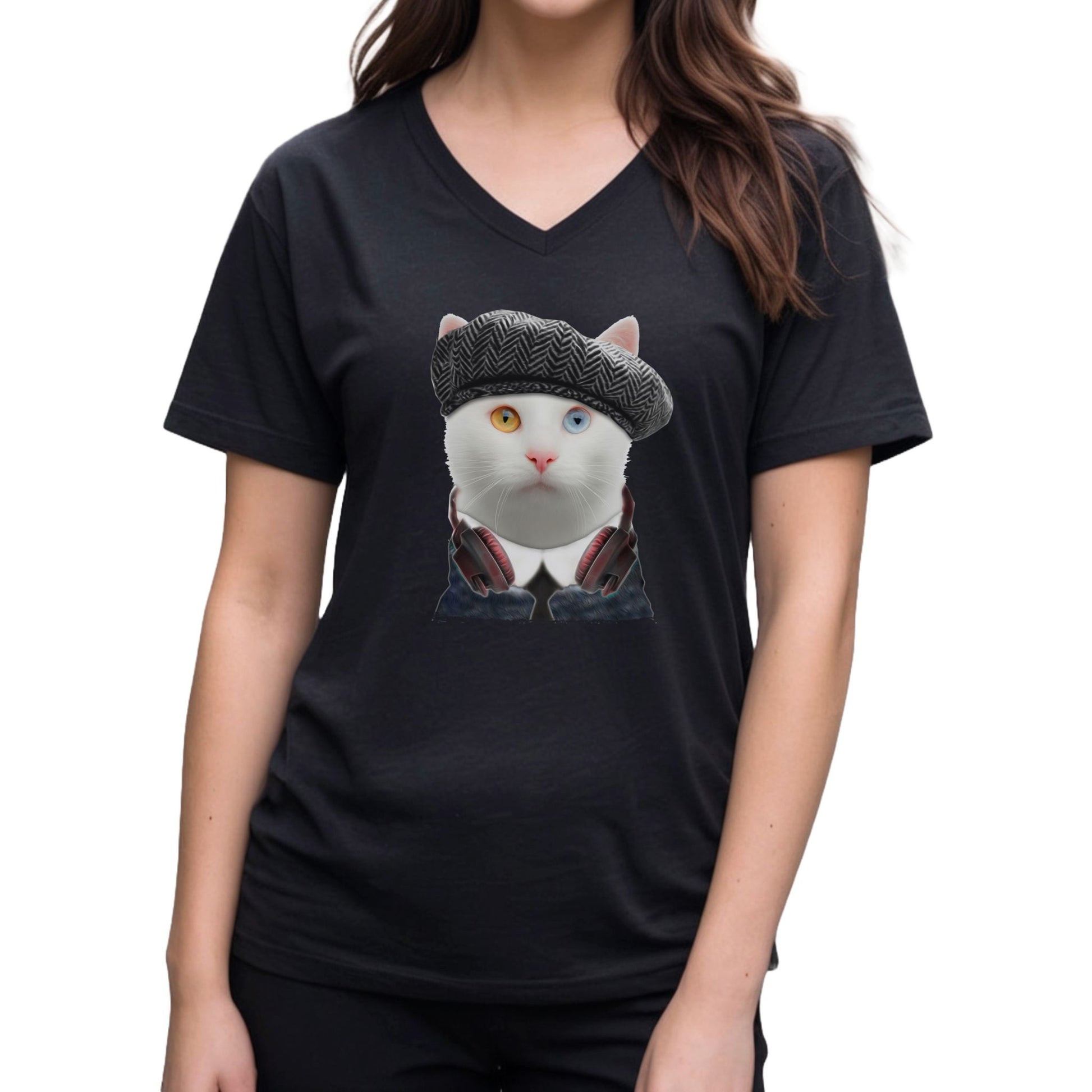 Black Headphones T-Shirt Unisex V-Neck Cat Theme
