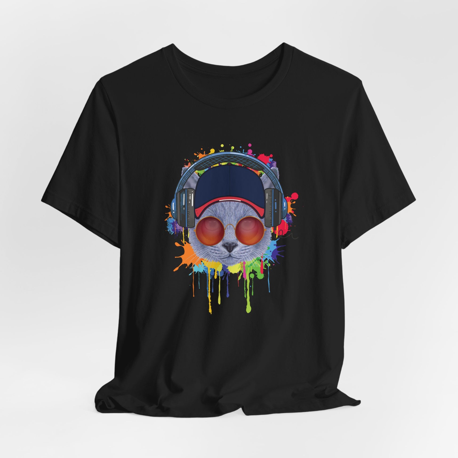 Black Lost In Music Cat T-Shirt Unisex Crew Neck