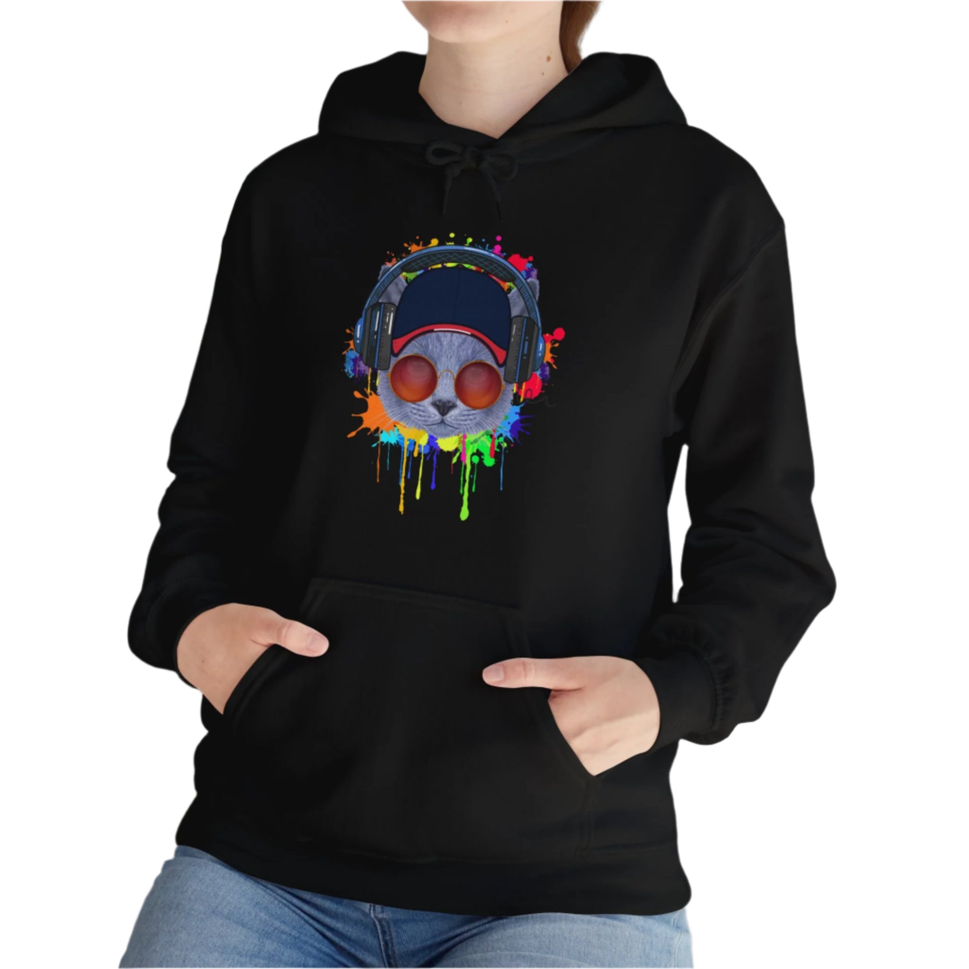 Black Lost In Music Cat Themed Hooded Sweatshirt Unisex