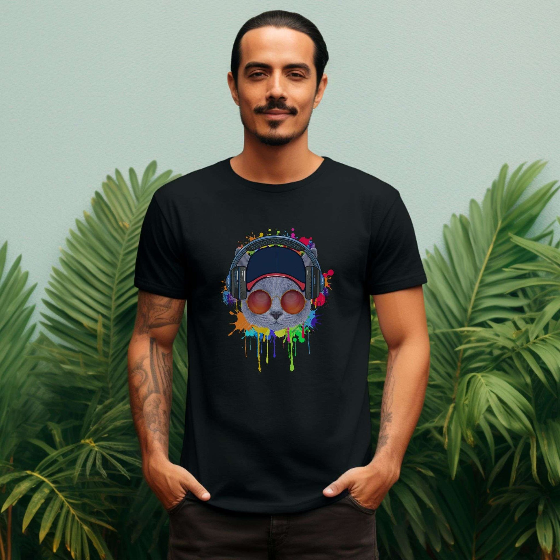 Black Lost In Music Cat T-Shirt Unisex Crew Neck
