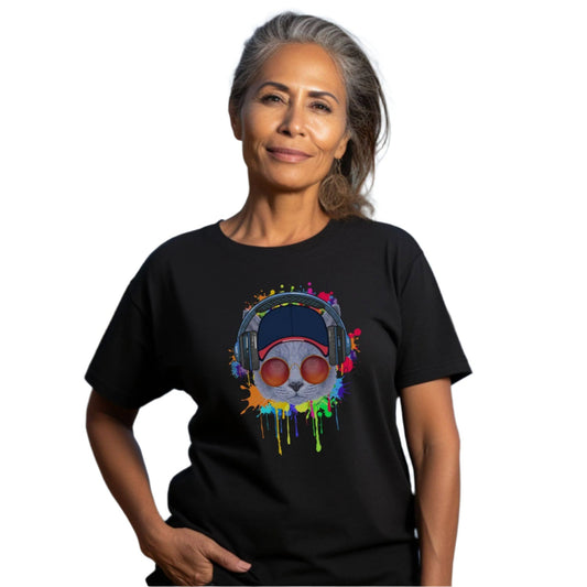 Black Lost In Music Cat T-Shirt Unisex Crew Neck
