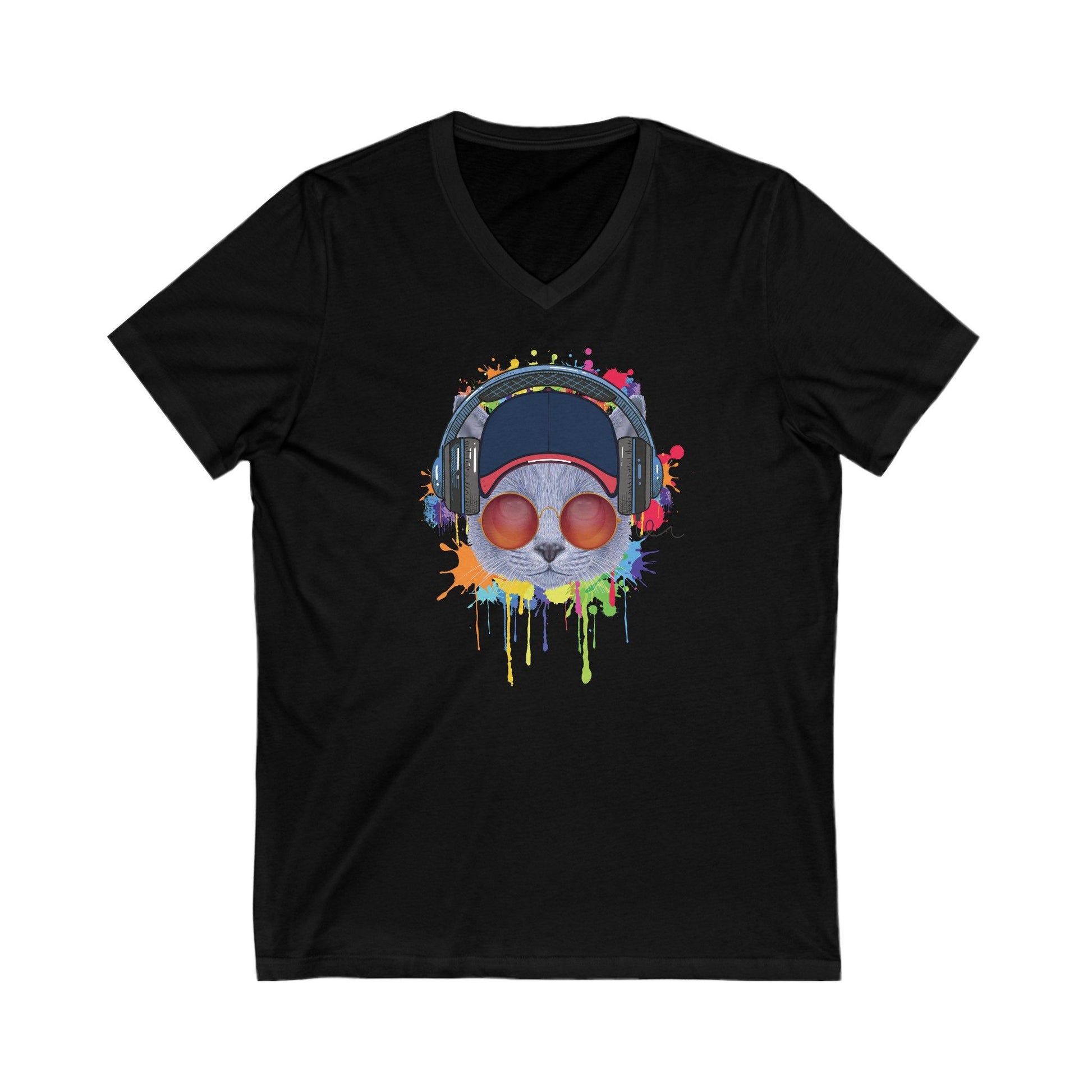 Black Lost In Music Cat T-Shirt V-Neck Unisex