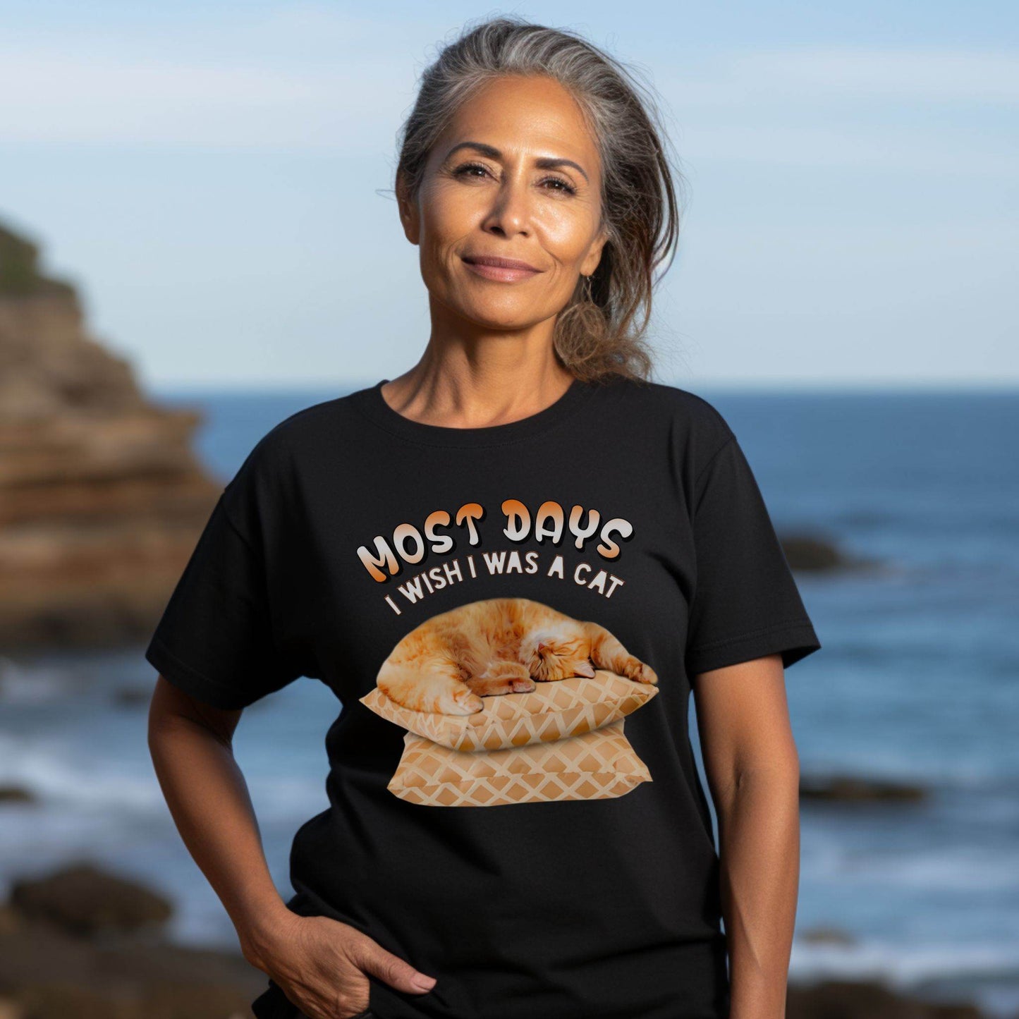 Black Most Days Cat T-Shirt Unisex Crew Neck