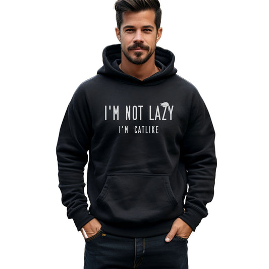 Black Not Lazy Cat Themed Hooded Sweatshirt Unisex