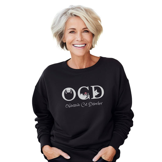 Black OCD Crewneck Unisex Sweatshirt Cat Themed