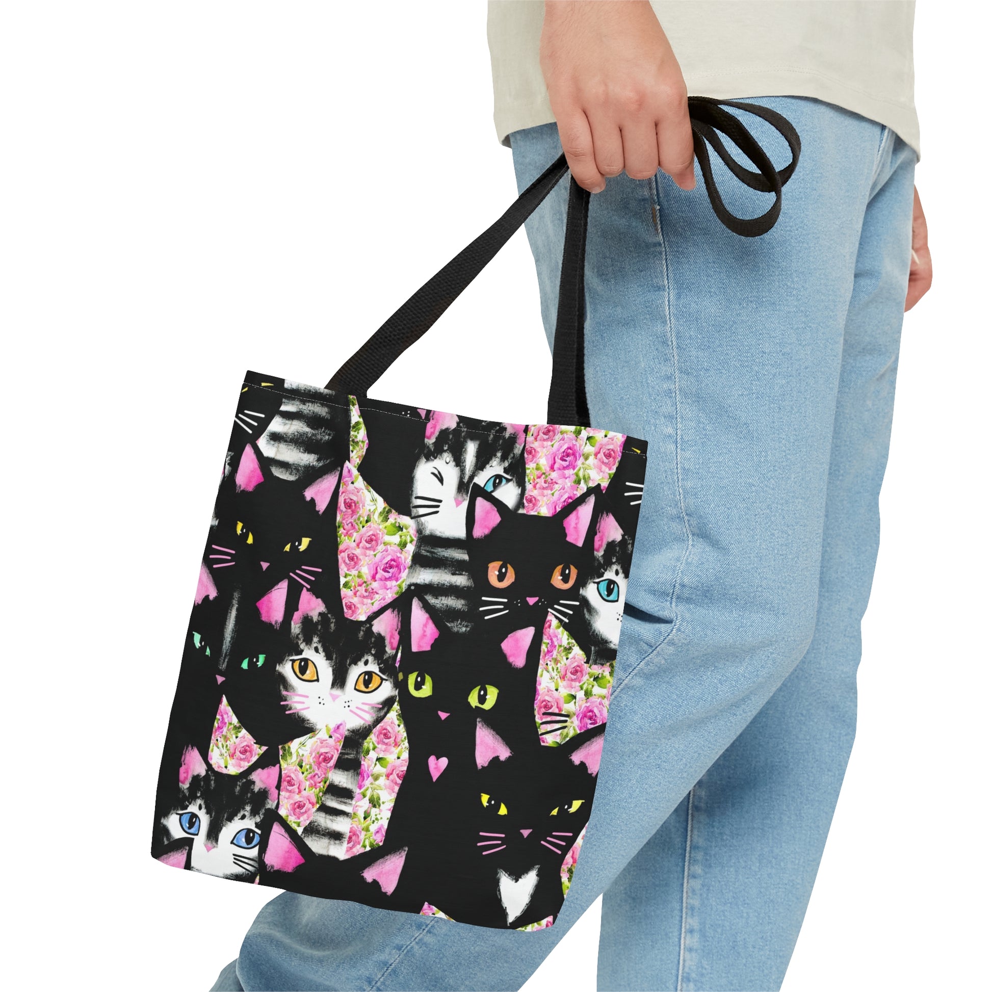 Tote bag with cartoon cats and roses pattern 