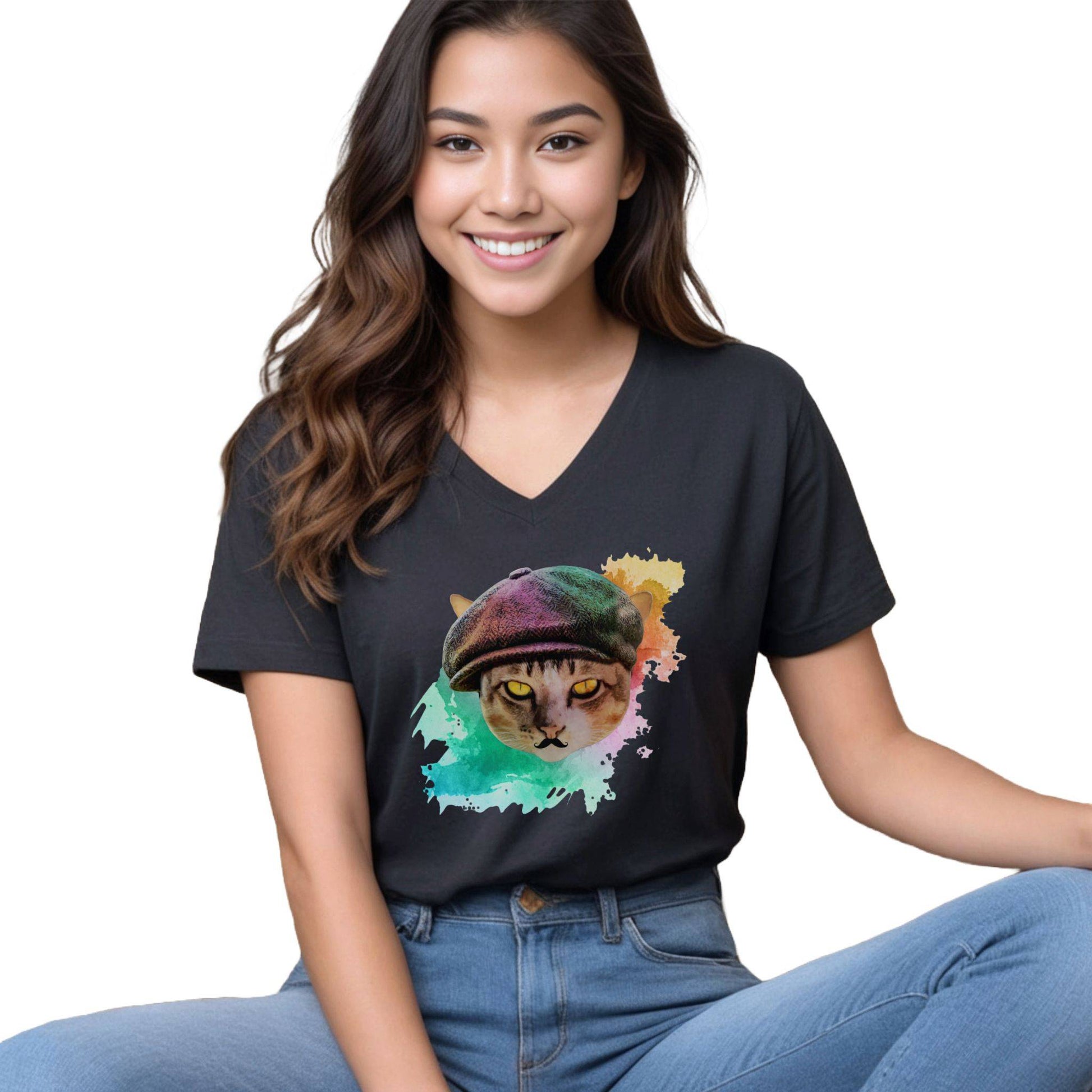 Black Baker Boy Cat T-Shirt Unisex V-Neck