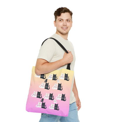 Black and White Cartoon cats design on a pink and yellow colored tote bag