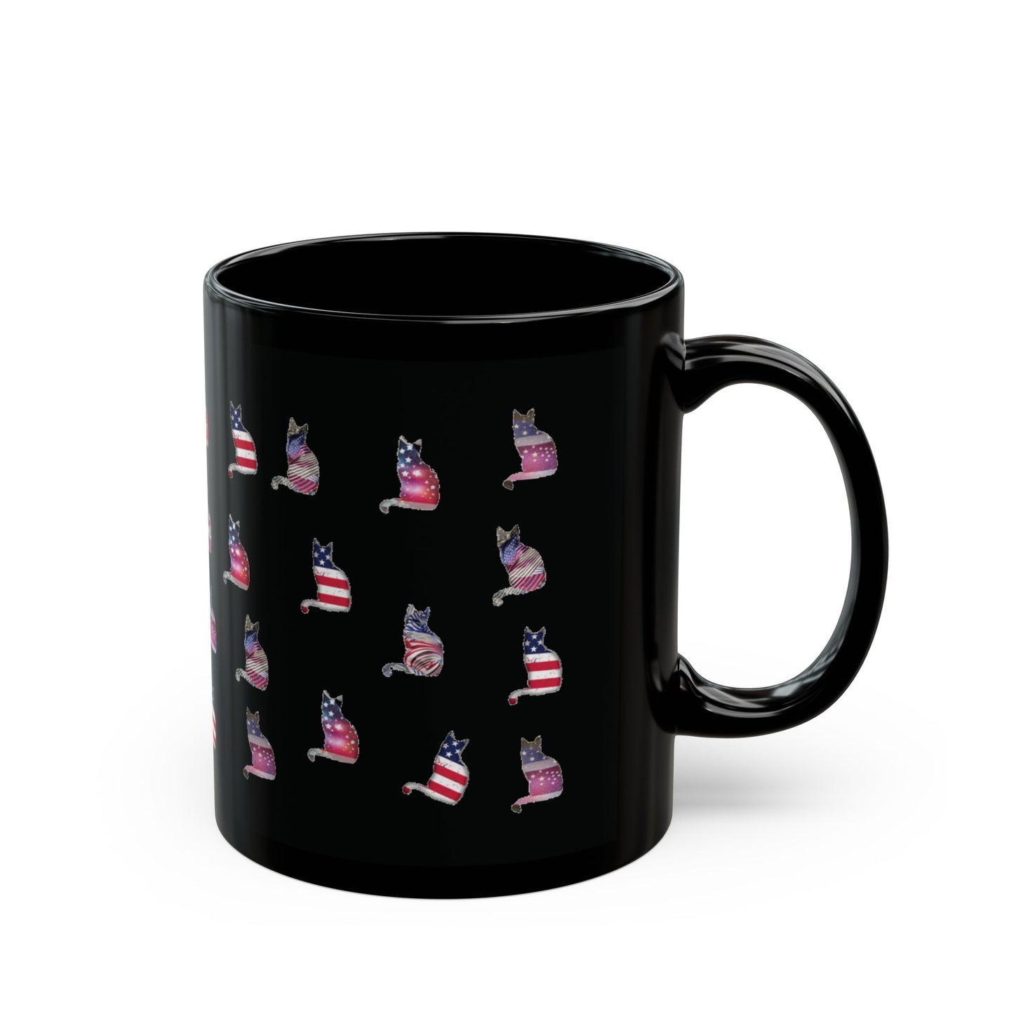 Black mug with 'LOVE' text design featuring a cat silhouette in colors of the American flag.