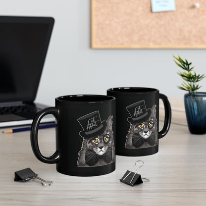 Black mug with a Maine Coon cat graphic and 'Cat Addict' text.
