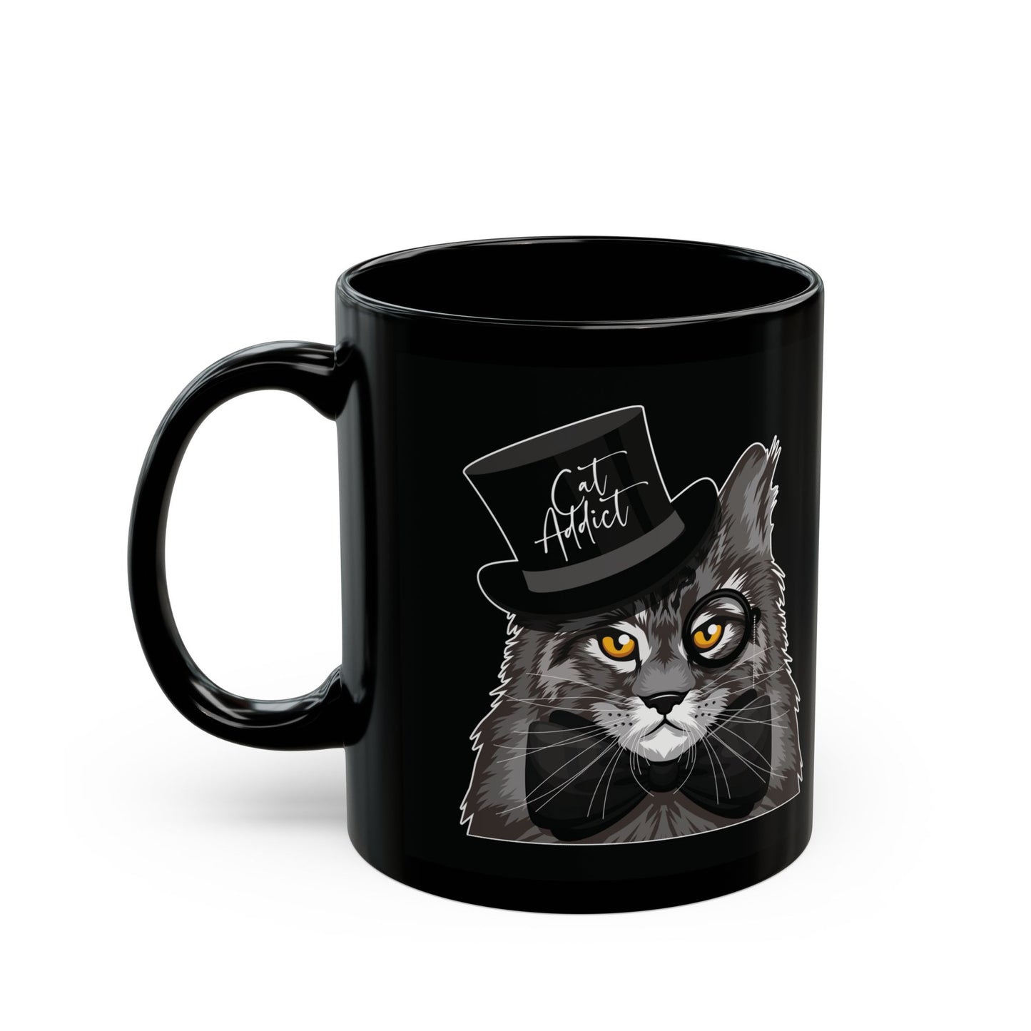 Black mug with a Maine Coon cat graphic and 'Cat Addict' text.