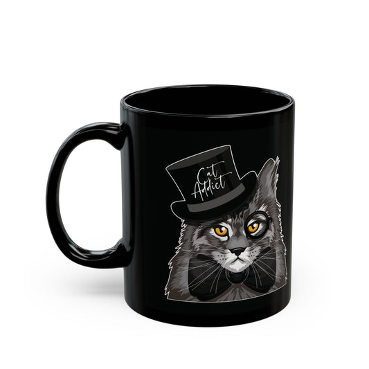 Black mug with a Maine Coon cat graphic and 'Cat Addict' text.