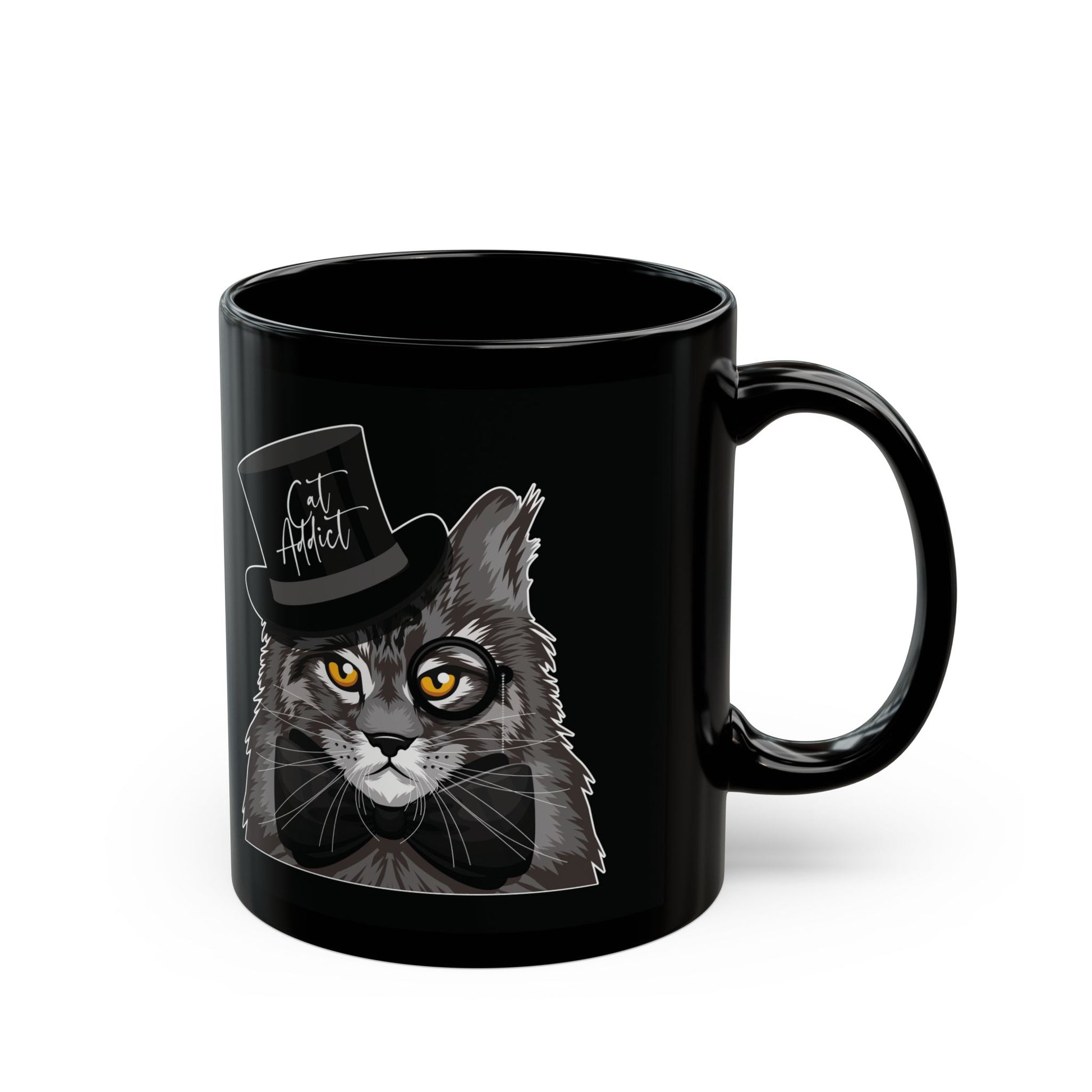 Black mug with a Maine Coon cat graphic and 'Cat Addict' text.