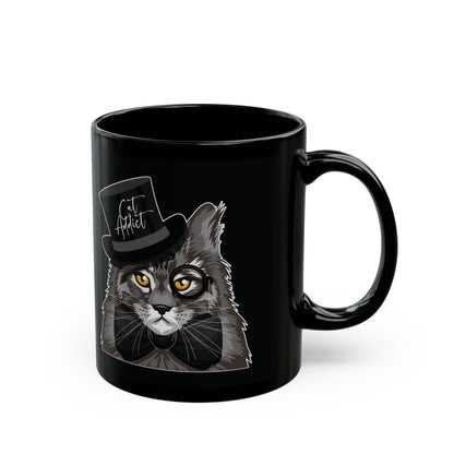 Black mug with a Maine Coon cat graphic and 'Cat Addict' text.